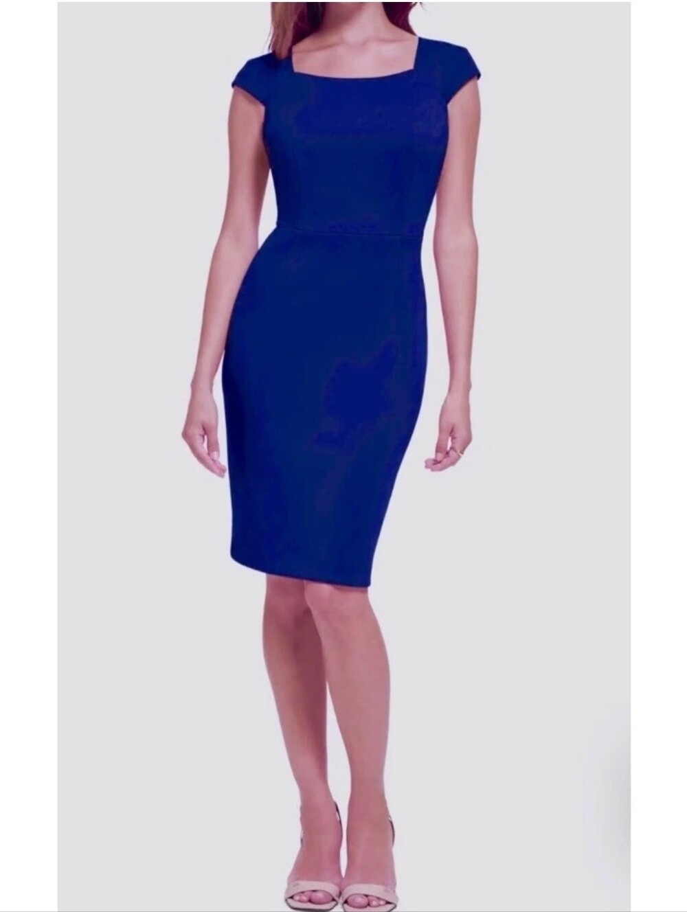 CALVIN KLEIN SCUBA CAP SLEEVE SHEATH DRESS Blue Stretch Zip Back Sz 2